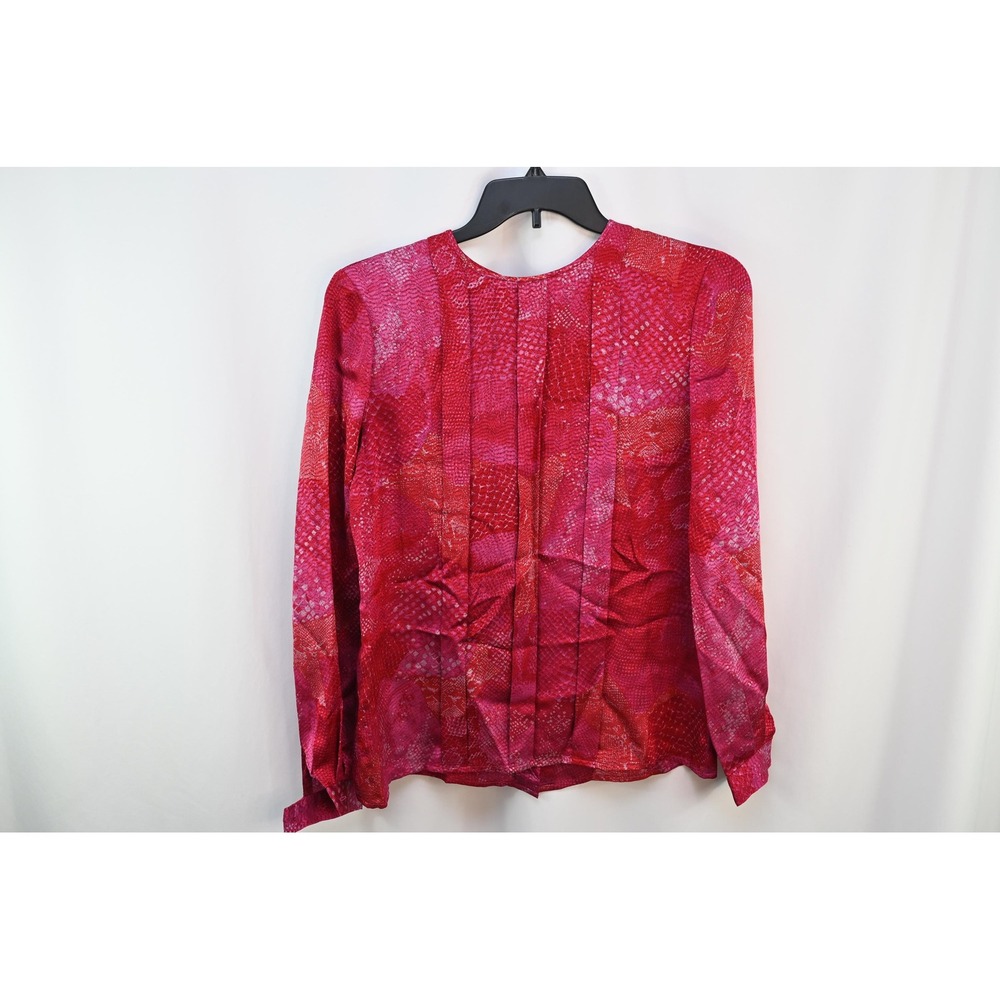 Vintage Carlisle Silk Pink Red Abstract Blouse Size 6 Long Sleeve Button Back